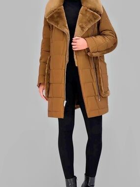 Andrew Marc Faux Fur Trim Puffer Coat in Brown Size XS